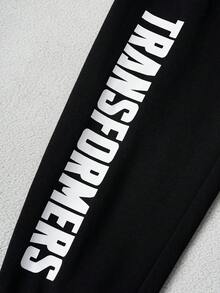 Transformers X SHEIN 2件套男童可爱卡通机器人印花圆领插肩袖卫衣和宽松针织裤休闲运动套装，黑色 - 黑色 - 查看 8