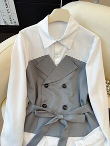 Franclia 女士休闲二合一设计收腰开襟衬衫，适合叠穿，秋冬季 - 白色 - 查看 3