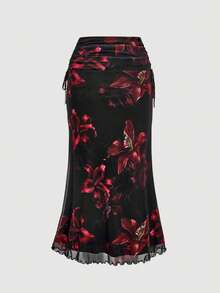 SHEIN MOD 大码女式花卉印花扭花前喇叭袖上衣和鱼尾裙优雅套装，女士秋季服装，秋季女式裙子秋季套装，高挑女装，女士秋季套装，度假装热带花卉两件套 - 彩色 - 查看 8