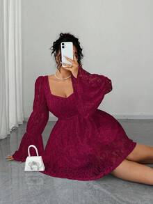 Elenzga 大码女式蕾丝方领长袖短款聚会/约会连衣裙 - 酒紅色 - 查看 4