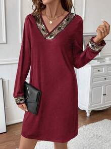 LanaWest Women's V-Neck Long Sleeve Beaded Trim Fashionable Short Dress - Red - View 4