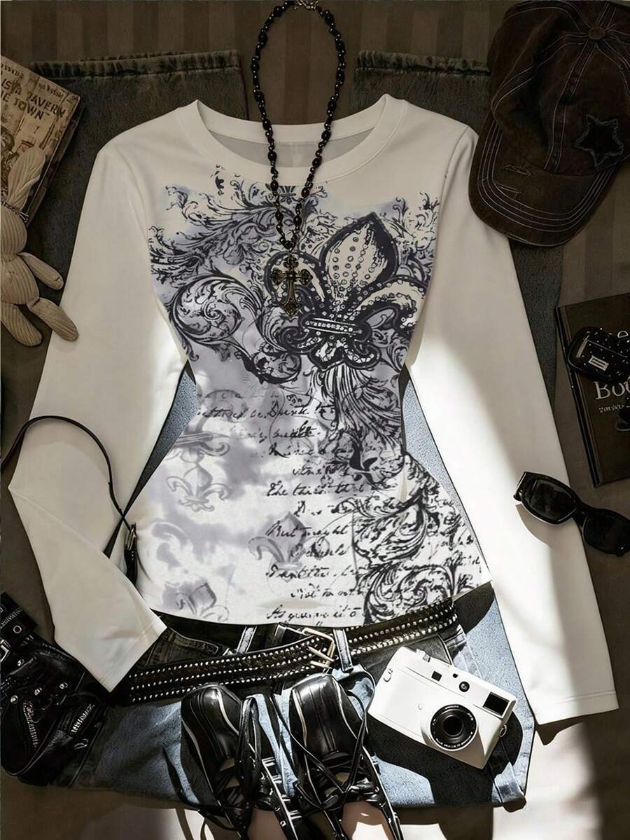 Glimmora 女士休闲音乐节哥特复古时尚圆领T恤 - 白色 - 查看 1