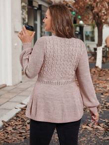 Reflora Plus Size Women Arched V-Neck Long Sleeve Ruffle Hem Pullover Sweater, Autumn/Winter - Pink - View 2