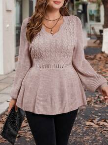 Reflora Plus Size Women Arched V-Neck Long Sleeve Ruffle Hem Pullover Sweater, Autumn/Winter - Pink - View 5