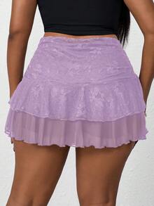 SHEIN PETITE CURVE 大尺碼女款腰部抓皺對比蕾絲裙 - 淡紫色 - 查看 2