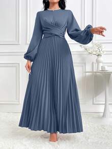 Modelyn 女士优雅交叉裹身系带灯笼袖褶裥下摆端庄长袖阿拉伯连衣裙，纯色长款晚礼服 - 霧霾藍 - 查看 1
