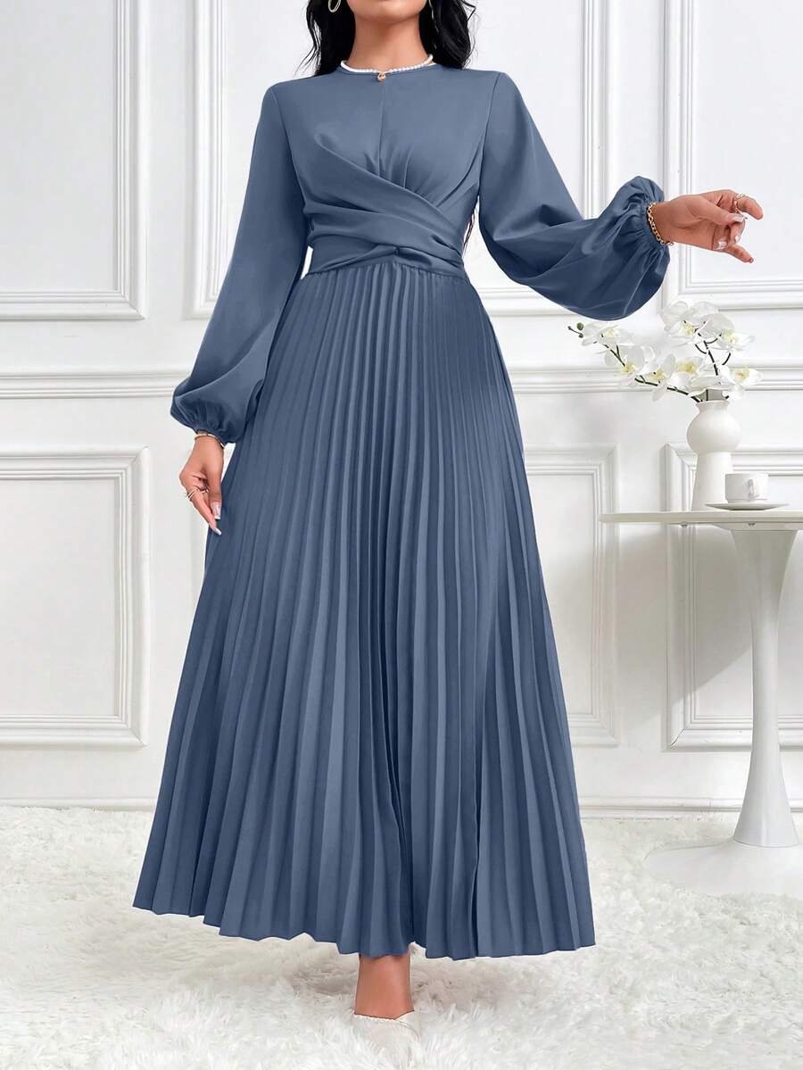 Modelyn 女士优雅交叉裹身系带灯笼袖褶裥下摆端庄长袖阿拉伯连衣裙，纯色长款晚礼服 - 霧霾藍 - 查看 1