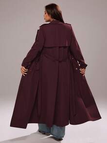 Rustia Plus Size Solid Color Double-Breasted Lapel Long Sleeve Casual Long Windbreaker - Burgundy - View 2