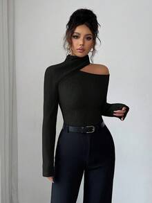 Modelyn 女士斜肩长袖修身休闲T恤，纹理设计，秋冬季款 - 黑色 - 查看 3