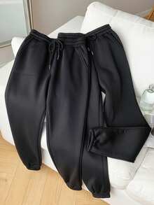 SHEIN EZwear 加大码女式黑色抽绳腰带口袋慢跑裤 - 黑色 - 查看 2