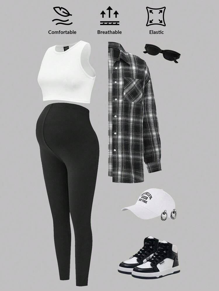 Modmama Maternity 3-Piece Set: Black & White Plaid Long Sleeve Shirt, White Cropped Camisole Top, Cycling Shorts, For Casual Outings In Autumn - Black and White - View 3
