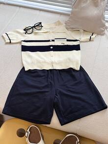 DAZY 男童拼色条纹短袖针织镂空时尚毛衣