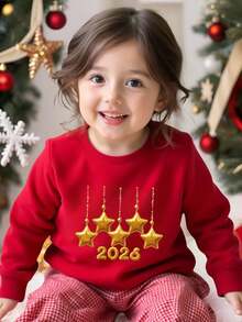 SHEIN 女婴时尚休闲星形印花2026新年圆领长袖卫衣，圣诞节，适合秋冬季节，轻盈舒适，秋季叠穿可选，时尚休闲，图案设计，返校季，秋季，返校派对，适合户外野餐、街头摄影、居家、校园、假期，情人节、圣诞节、新年礼物 - 紅色 - 查看 7