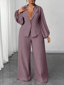 Maweii Große Größen Set aus einfarbigem Hemd mit Kragen und Drop Shoulder, Langarm, lässig, locker, 2 Teile - Violett - Übersicht 2