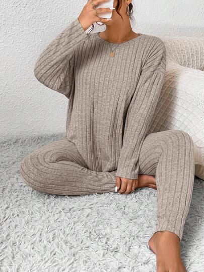 SHEIN Frenchy 2pcs Plus Size Solid Color Round Neck Drop Shoulder Long Sleeve Loose Casual Comfortable Set/Winter Knit Two Piece Set