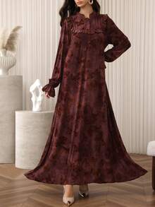 SHEIN Najma 荷叶边领泡泡袖宽松喇叭下摆女式阿拉伯风格连衣裙 - 紅木色 - 查看 5