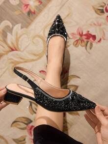 CUCCOO TILAWA Giày cao gót mũi nhọn đính đá vuông thời trang thanh lịch dành cho nữ, thích hợp cho tiệc tùng, tiệc cưới và các dịp khác - màu đen - Xem 2