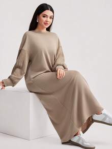 Veilorie Women's Casual Drop Shoulder Loose Fit Crew Neck Sweatshirt, Autumn - Khaki - View 1