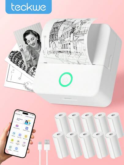 Teckwe Mini Printer, Inkless Sticker Maker, Free Cut Small Pocket Printer, Portable Thermal Printer For Photo Journal Notes Memo,Timy Print App Phone Connection With Thermal Printing Paper For Halloween DIY Decoration,Christmas Gift Back To School