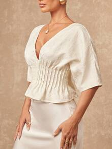 Lumalex Early Spring V-Neck Textured Fabric Cinched Waist Ruffle Hem Exaggerated Design Women Top Luxury NewYearNewLook QuietLuxe Prom Gathering Party Banquet Modest Old Money Coquette Glitter Holiday Party Rave Festival Outing Vacation Hot Outdoor Richly Layered Wedding Season Banquet ID Al-Adha Al-Adha Party New Year Looks Of Party - Apricot - View 8