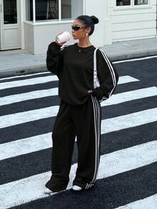 Muchica 黑色撞色条纹卫衣和运动裤套装 - 黑色 - 查看 1