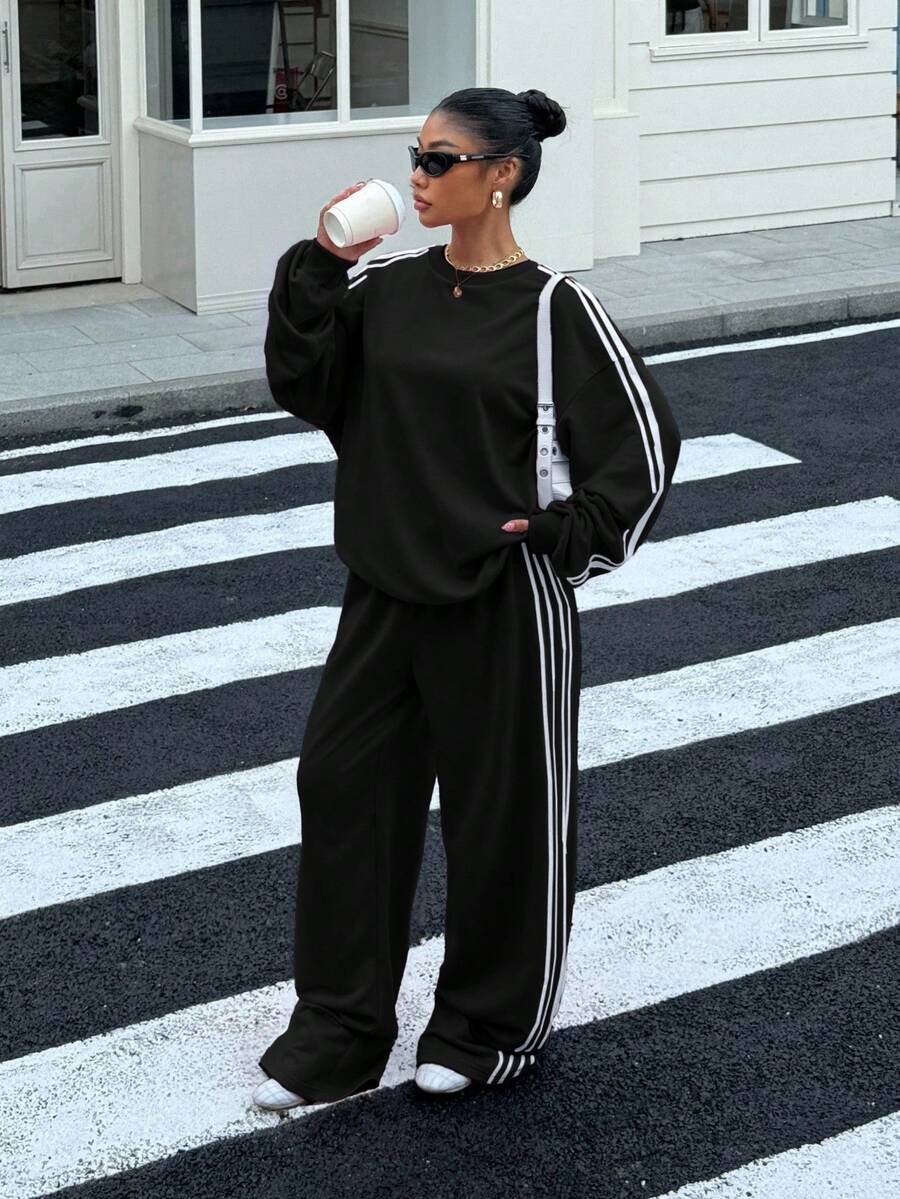 Muchica 黑色撞色条纹卫衣和运动裤套装 - 黑色 - 查看 1