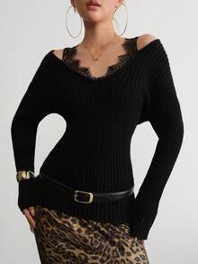 Aidyla Women's Lace Strap V-Neck Sweater, Long Sleeve Top Lacey Top Black Top Black Sweater - Black - View 4