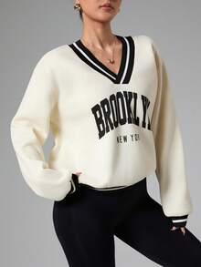 Dewbera Women's Letter Print Drop Shoulder Long Sleeve Loose Fit Sweatshirt Brooklyn Sweatshirt New York Jersey Women Sweatshirt New York Outfits Brooklyn New York Gym Sweatshirt Sporty Chic Gym Clothes Women Oversized - Apricot - View 5