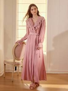 MOTF PREMIUM WOMEN'S ROMANTIC CONTRAST LACE RUFFLE SLEEVE BELTED LONG SLEEP DRESS - Pink - View 6