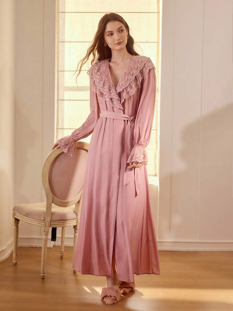 WOMEN'S ROMANTIC CONTRAST LACE RUFFLE SLEEVE BELTED LONG SLEEP DRESS