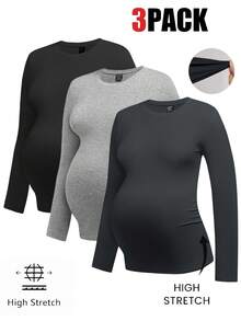 Modmama 3件套孕妇休闲圆领长袖修身孕妇T恤 - 灰色 - 查看 11