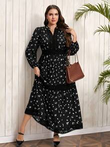 SHEIN LUNE Váy ren họa tiết hoa cỡ lớn, cổ chữ V nhỏ, tay dài, ren, quần áo mùa thu, quần áo trở lại trường, phong cách cổ điển, trang phục công sở cho nữ, sân bay cho nữ, trang phục ngày lễ đơn giản và thời trang, váy boho cho nữ, trang phục ngày lễ thanh lịch, đi làm hàng ngày và ngoài trời, váy dài thon gọn Essentia, váy thanh lịch, váy dự tiệc cưới, váy thanh lịch cho tiệc lễ hội dành cho nữ - màu đen - Xem 10