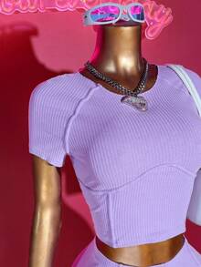 Slaydiva Conjunto Casual Feminino de 2 Peças com Camiseta de Manga Raglan e Gola Redonda Roxa e Shorts - Roxo - Visão 2
