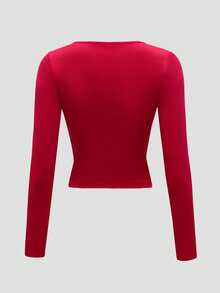 INAWLY 女式纯色V领长袖短款修身休闲T恤 - 紅色 - 查看 2