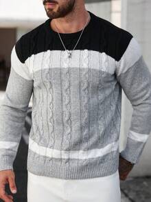 Manfinity Homme Men's Casual Contrast Color Cable Knit Pullover Sweater, Autumn/Winter Crochet Jumper For Men, Long Sleeve Top - Multicolor - View 4