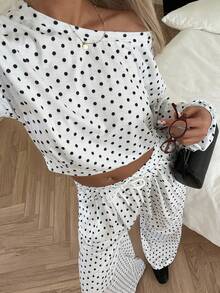 SHEIN EZwear 白色波尔卡圆点女式不对称肩上衣和休闲裤套装 - 白色 - 查看 2