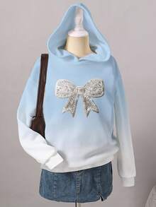 SHEIN 少女渐变蓝白印花卫衣，秋冬款，可爱蝴蝶结和仿水钻图案，百搭舒适，适合日常穿着。蝴蝶结服装 蝴蝶结卫衣 带蝴蝶结的卫衣 - 彩色 - 查看 7