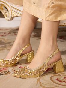 CUCCOO TILAWA Women's Elegant Square Heel Rhinestone Pointed Toe Silver High Heel Pumps, Suitable For Banquet, Party, Wedding And Other Occasions For Christmas - Gold - View 5