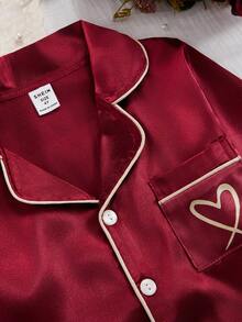 Girls Pajamas Set, Magenta Simple Pocket Heart Print Long Sleeve Cardigan And Long Pants Casual 2 Pieces Sleepwear, Ideal New Year Gift - Burgundy - View 7