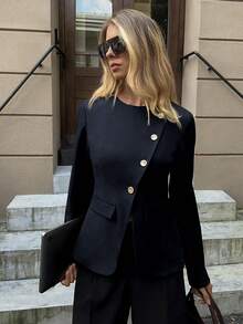 Elyressa 女士圆领长袖金属单排扣休闲常规夹克 - 藏蓝色 - 查看 3