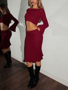 Flirla Women's Casual Solid Color Bell Sleeve Cropped Sweater And Skirt 2 Pieces Set, Autumn - Burgundy - View 4