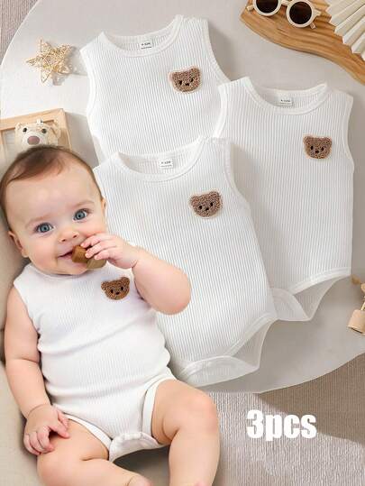 SHEIN Vintaside Kids 3pcs/Set Newborn Baby Boy Casual Cute Bear Decor White Bodysuit Outfit, Suitable For Daily Wear, Summer