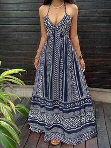 SHEIN Unity 粉色数码印花修身露背系带连衣裙，法式V领沙滩度假风 - 彩色 - 查看 6