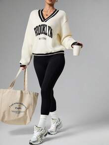 Dewbera Women's Letter Print Drop Shoulder Long Sleeve Loose Fit Sweatshirt Brooklyn Sweatshirt New York Jersey Women Sweatshirt New York Outfits Brooklyn New York Gym Sweatshirt Sporty Chic Gym Clothes Women Oversized - Apricot - View 7