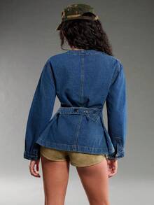 Normani Women's Fashion Front Button Waist Denim Blouse - Medium Wash - View 2