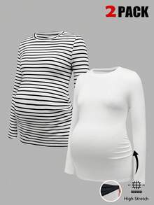Modmama Maternity Casual Long Sleeve Fitted T-Shirt, Spring Autumn - Black and White - View 12