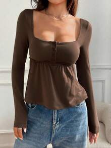 SHEIN EZwear Áo thun cổ vuông màu nâu cỡ lớn, thường ngày cho kỳ nghỉ, Xuân/Hè - màu nâu - Xem 5