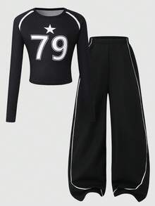 SHEIN ChillGRL 两件套少女休闲拼接设计T恤上衣+工装裤套装，适合日常休闲、外出、街头风格，女童套装，79星印花白色T恤+黑色针织裤 - 黑色 - 查看 3