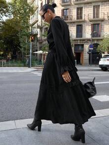 Maija 女士纯色系带领休闲长袖连衣裙 - 黑色 - 查看 3