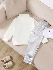 Genkimix Kids 两件套女童冬季长袖套装，儿童高领长袖上衣+休闲裤套装，带保暖内衬长袖内衣，修身简约百搭休闲套装，适合秋冬季穿着 - 白色 - 查看 2